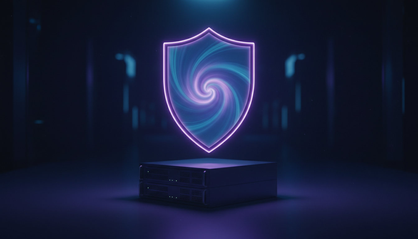 Bouclier lumineux protegeant une silhouette de serveur, symbole de la maintenance