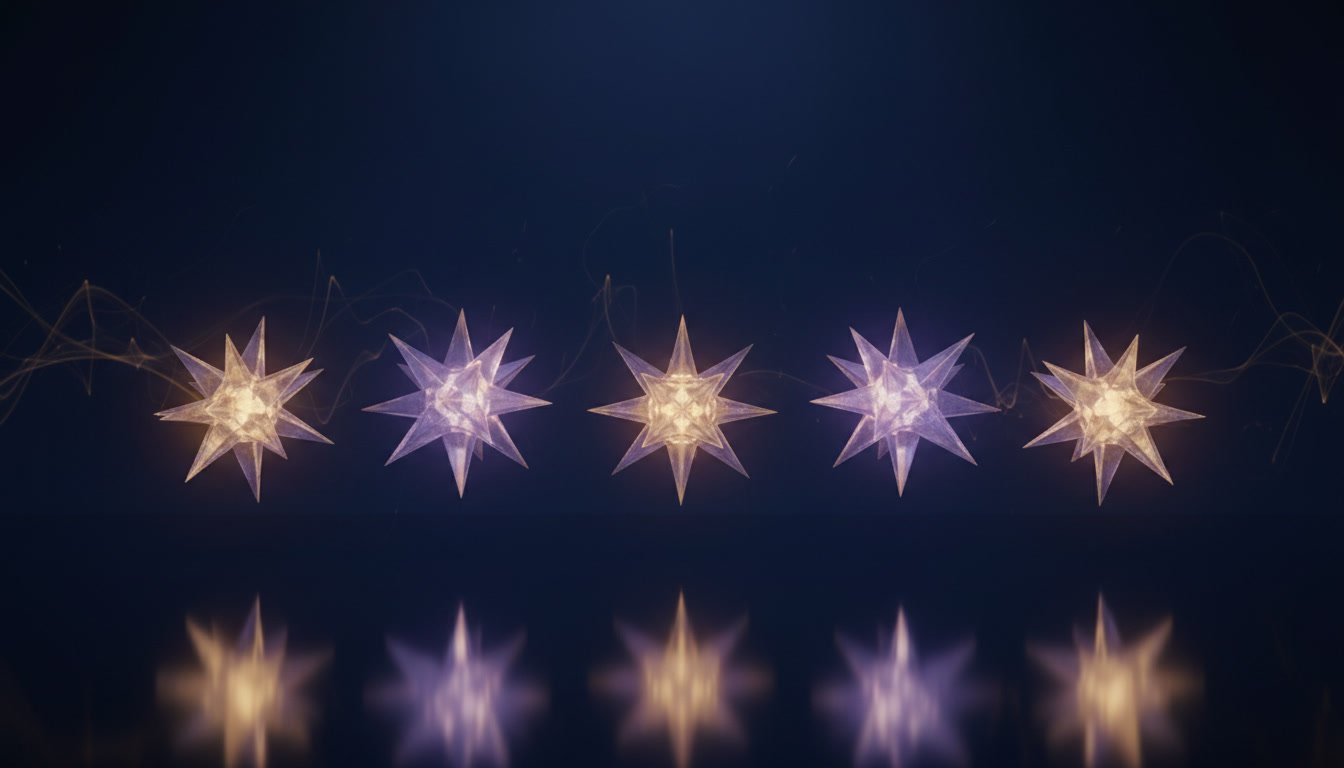 Cinq etoiles lumineuses alignees au dessus d une surface sombre reflechissante