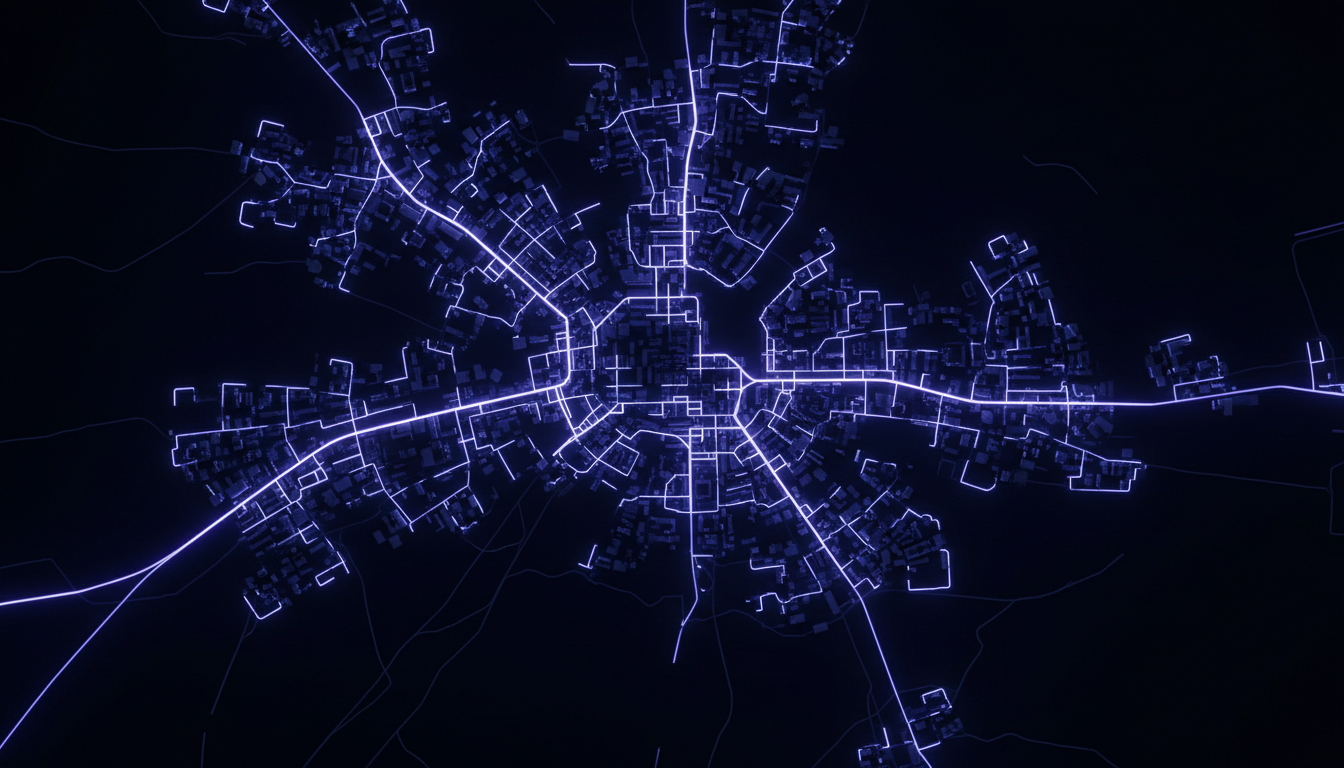 Carte urbaine sombre divisee en quartiers lumineux vus du dessus