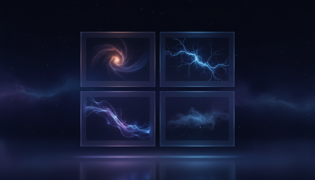 Quatre cadres translucides lumineux disposes en grille dans un espace sombre