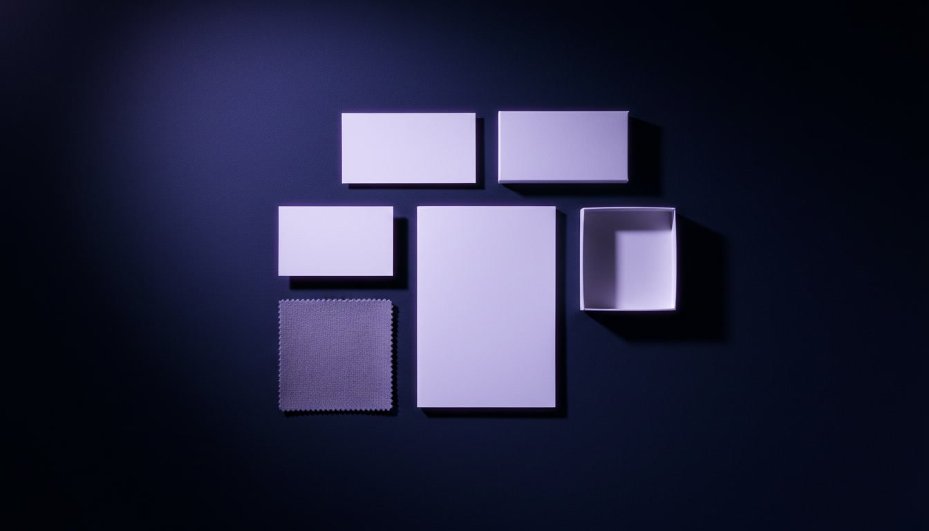 Supports vierges disposes a plat sur fond sombre : cartes, feuille pliee, boite et echantillon